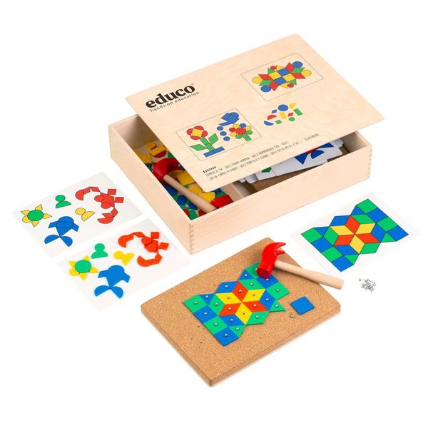 holzbox, puzzle, geometrische formen, farbige tiles, werkzeug_set
