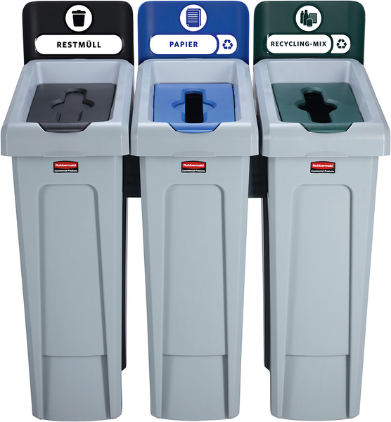 Rubbermaid Abfallsammelsystem SLIM JIM® RECYCLING, 3 Sortierfächer schwarz, blau, grün