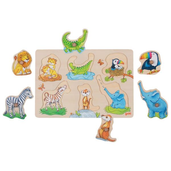 GOKI Steckpuzzle wilde Tierbabies mit Elternteil, 6 Teile, Holz, ab 1 Jahr