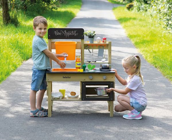 Kinder-Spielküche, Verkaufsstand, Holzküche, Kochset, Outdoor Spielzeug