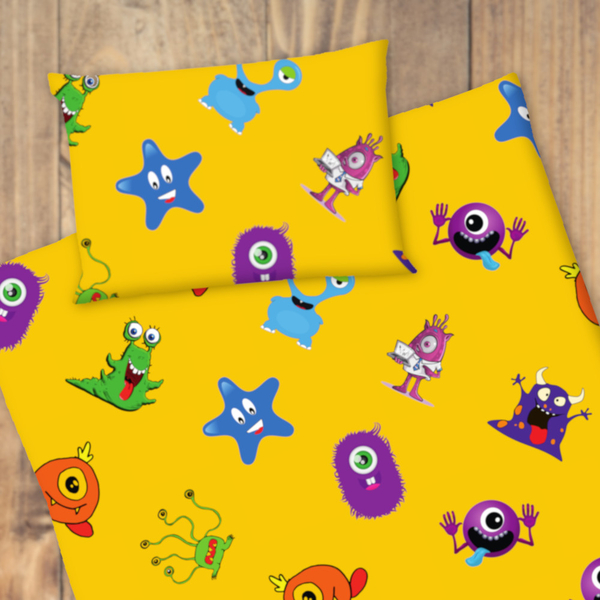 Kindermuster, Bettwäsche, Monstermuster, Gelb, Stofftierchen