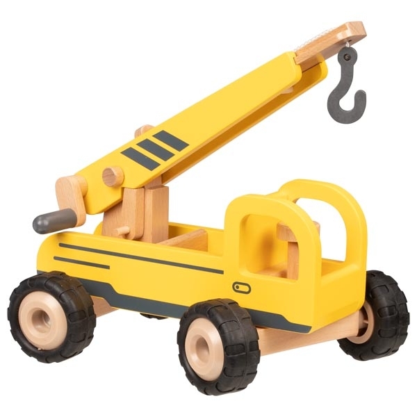 Kranwagen, Holzspielzeug, Gelb, 4 Räder, Hebebock