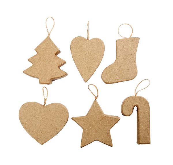 Weihnachtsanhänger aus Pappmaché, 6 Stück  Weihnachtsanhänger aus Pappmaché, 6 Stück