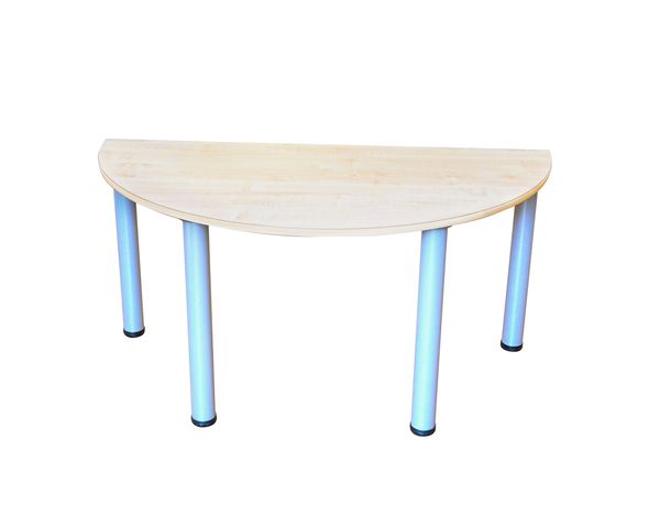 Zargenloser Halbrund-Tisch 120x60 cm, Birke, Dekor, Metallbeine höhenverstellbar Zargenloser Halbrund-Tisch 120x60 cm, Birke, Dekor, Metallbeine höhenverstellbar