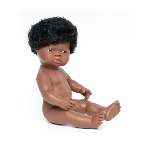 baby doll, doll, dunkle Hautfarbe, lockiges Haar, Vinylmaterial