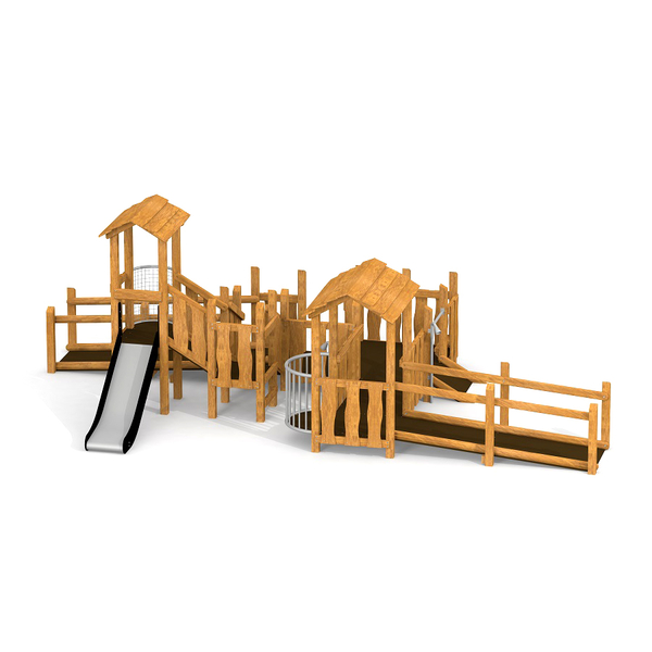 holzspielanlage, kiefernholz, spielplatz, rutsche, turnhallensystem