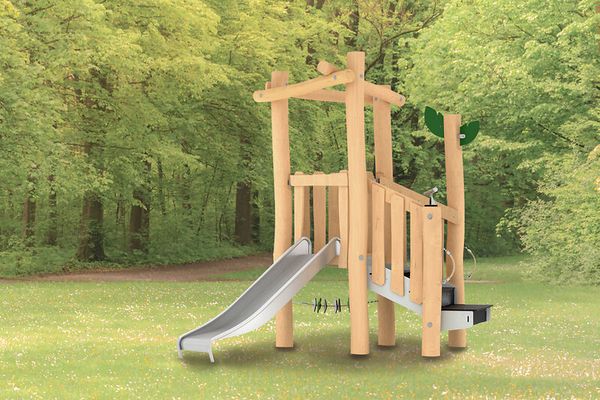 Holzspielplatz, Spielgerüst, Kletterturm, Rutsche, Sitzfläche/Balance