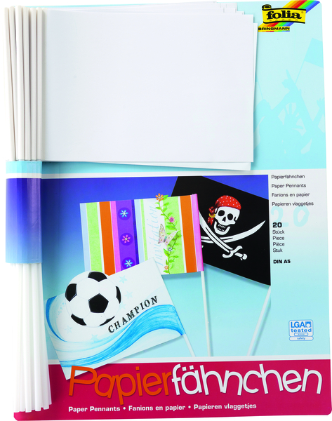 Papierfähnchen, DIN A5, Stablänge 40cm, weiß Papierfähnchen, DIN A5, Stablänge 40cm, weiß