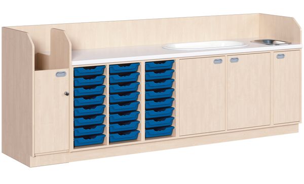 Küchenmöbel, Aufbewahrungs-Schubladen, blaue Schübe, Spülunterschrank, Schrankensemble