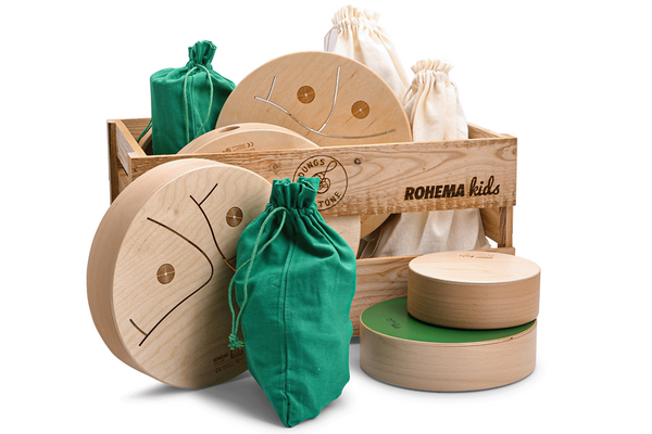 wooden toys, circle blocks, storage crate, green drawstring bag, rohema kids