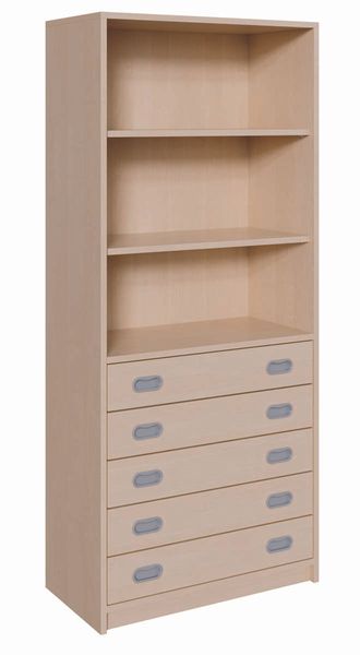 Regal, Bücherregal, Schubladen, Holz, Naturholz