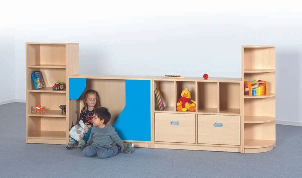 Kindertische, Spielzeugregal, Aufbewahrungsmöbel, Holz, Kreuzblaues Paneel