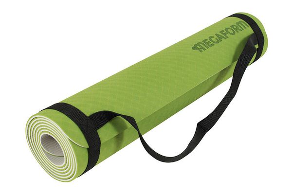 Yogamatte, Übungsmatte, grüne Matte, gerollte Matte, Tragegurt