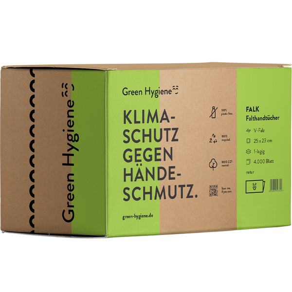 GREEN HYGIENE Palette -  CO2 neutralisiertes Handtuchpapier 1-lagig, FALK, natur, V-Falz, 25x23 cm, 160.000 Blatt GREEN HYGIENE Palette -  CO2 neutralisiertes Handtuchpapier 1-lagig, FALK, natur, V-Falz, 25x23 cm, 160.000 Blatt