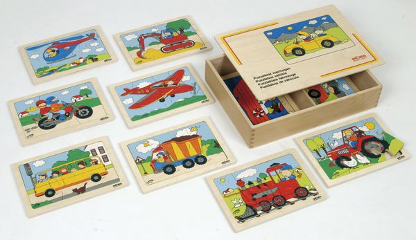 EDUCO Puzzlekiste Fahrzeuge, 10 Holzpuzzle (6-8 Teile), ab 3 Jahre
