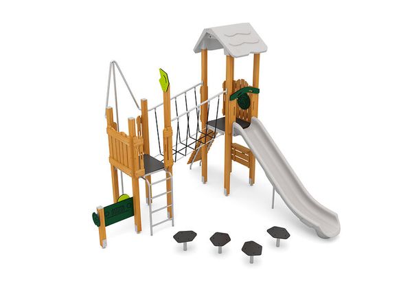 Spielplatz, Kletterturm, Rutsche, Holzspielzeug, Sitzen/Aufsteigen
