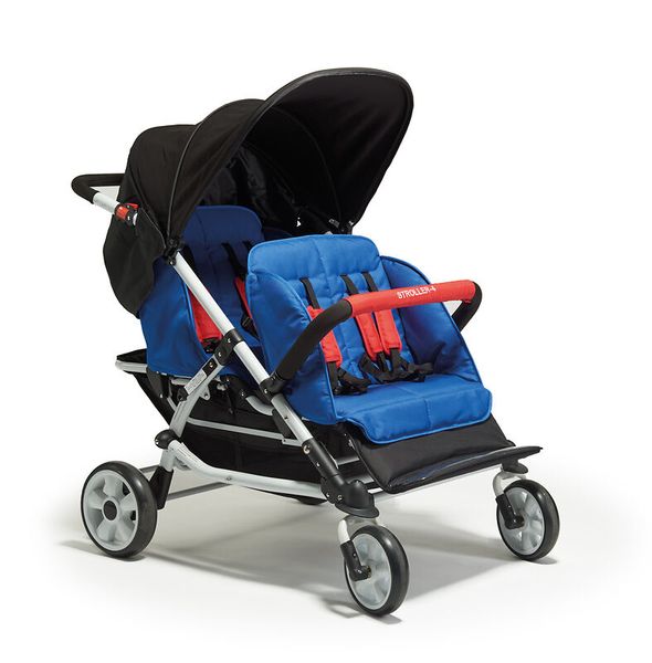 Kinderwagen, Doppel-Kinderwagen, blaue Sitze, Schirm-Topper, Vier Räder