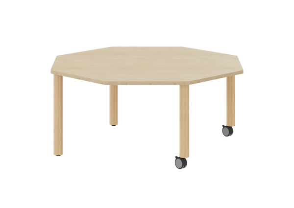 tisch, runde tischplatte, holz, rollbare füße, eckig hexagon