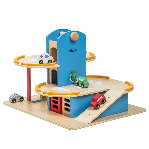 EDUCO Parkhaus aus Holz mit Aufzug und Hubschrauberlandeplatz (36 x 66 x 48 cm)