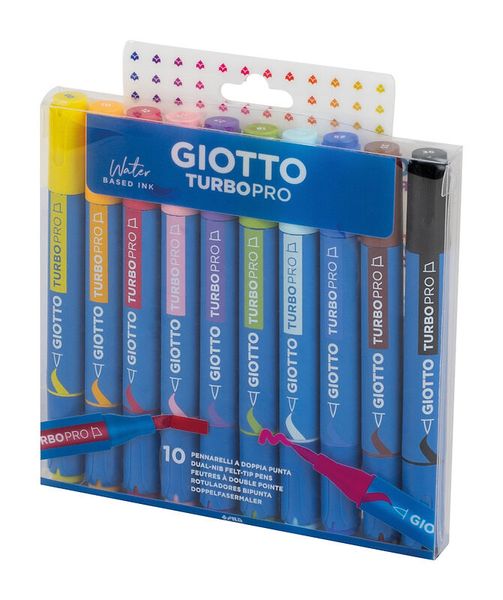 GIOTTO Turbo Pro, 10 Stifte in 10 Primärfarben, Doppelfasermaler mit Pinsel- und Keil-Spitze