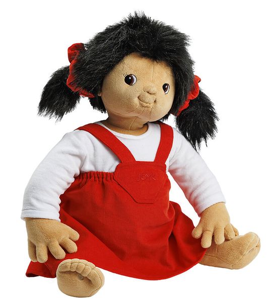 Plüschpuppe, Schwarzhaar, Rotkleid, Haarbänder, Tierfigur