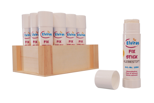 Holzbox mit 12 ELVIRAS Klebestiften à 20g Holzbox mit 12 ELVIRAS Klebestiften à 20g