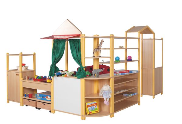 Kinderspielbett, Holzgestell, Spielzelt, Regalboden, Aufbewahrung