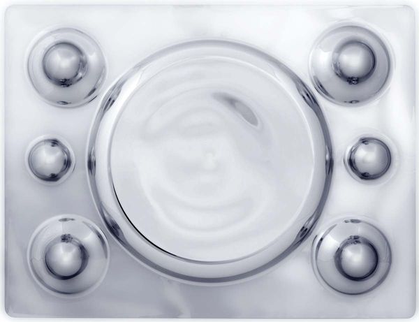 Backblech, runder Mittelpunkt, sechs kleine Vertiefungen, Edelstahl, Silber
