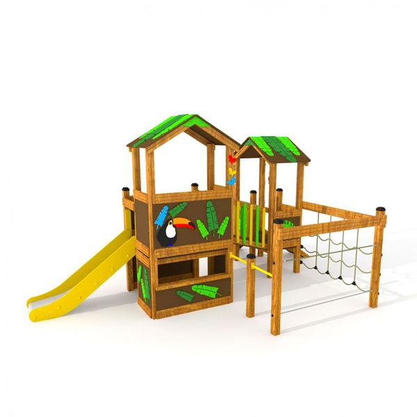 Holzspielhaus, Kletterturm, Rutsche, Spielturm, Tropenpflanzen-Dekor