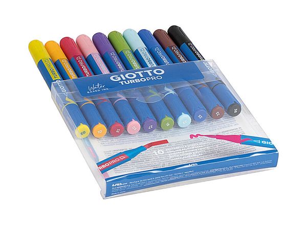 GIOTTO Turbo Pro, 10 Stifte in 10 Primärfarben, Doppelfasermaler mit Pinsel- und Keil-Spitze