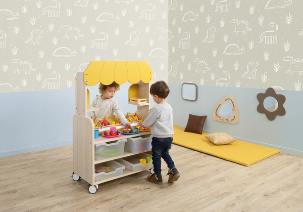 holzspielzeug, kinderküche, spielzeugregal, rollwagen, spielküche