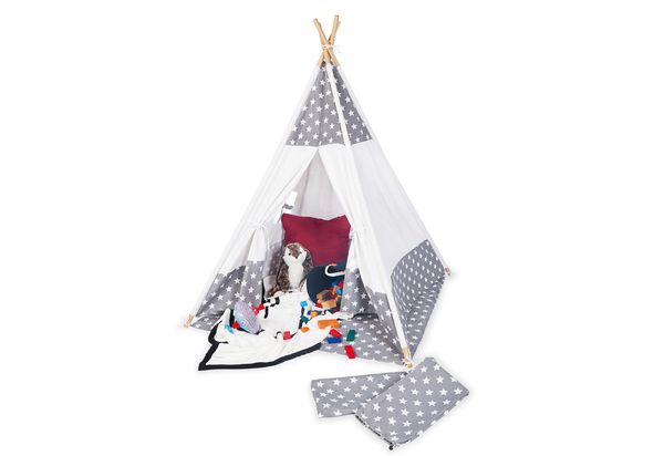 Kinderteepee, Spielzelt, Stoffzelt, Schwarz-Weiß Sterne, Zubehörset