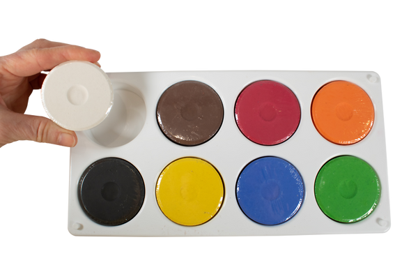 Acrylfarben, Wasserfarben-Palette, Farben: Schwarz Gelb Blau Grün, Palettenablage, Weiße Kappe
