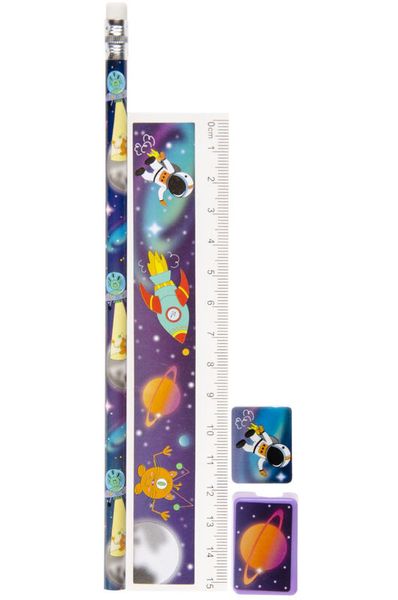 Schreib-Set Weltall (Lineal, Radierer, Bleistift, Spitzer), 1 Set Schreib-Set Weltall (Lineal, Radierer, Bleistift, Spitzer), 1 Set