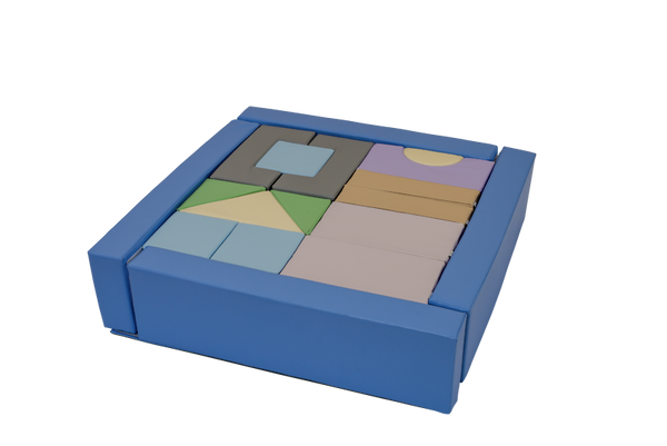 bausteine, holzbausteine, blauer schachtel, bunte formen