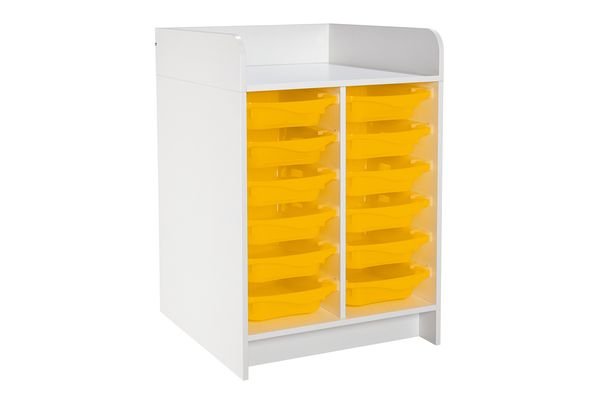 Aufbewahrungsschrank, gelbe Schubladen, Plastikschubladen, Schubladenkasten, weiße Möbel