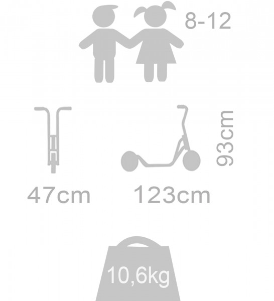 altersempfehlung 8-12, kinder scooter, gewicht 10,6kg, fahrradähnlich?, große schiene?