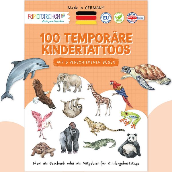 kinder tatoos, temporäre tatoos, tiermotive tatoos, 6 bogen, papier