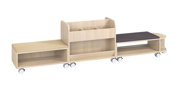 MATHOU Kombination Sitzbänke auf Rollen, Bücherwagen und 4 Boxen Moebel, Tabelle, Regal, Krippe, Sperrholz