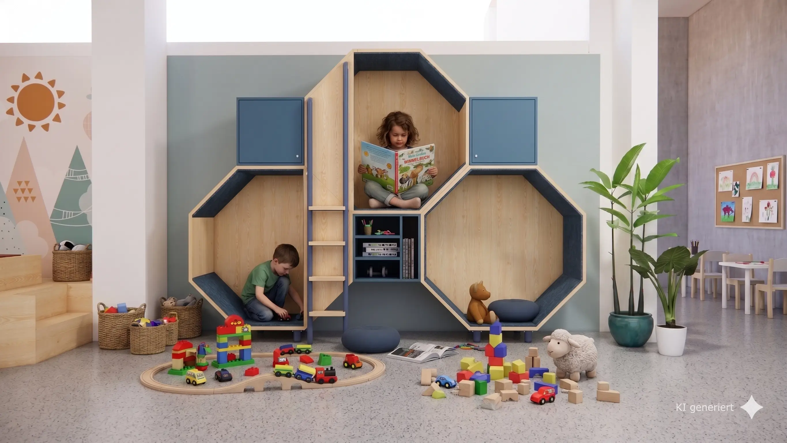 3-teiliges Wabenelement, in dem zwei Kinder sitzen