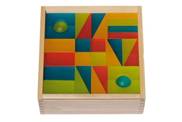 Holzbox, Puzzleteile, Bausteine, Geometrische Formen, Farbblocks