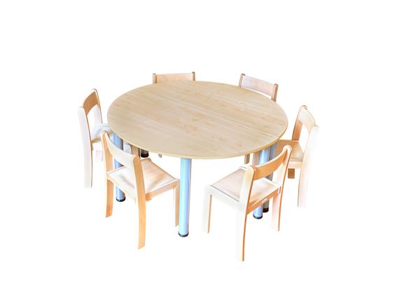Tisch-Stuhl-Kombination Rund zargenlos, Buche hell, Metallbeine höhenverstellbar Tisch-Stuhl-Kombination Rund zargenlos, Buche hell, Metallbeine höhenverstellbar