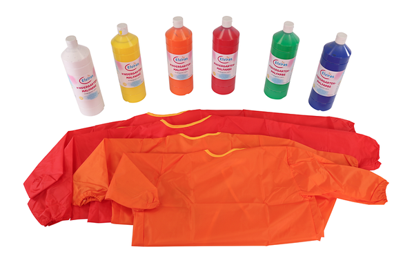 ELVIRAS Pakatfarbe Grundfarben-Set, 6 x 1 Liter, inkl. 4 Malkittel