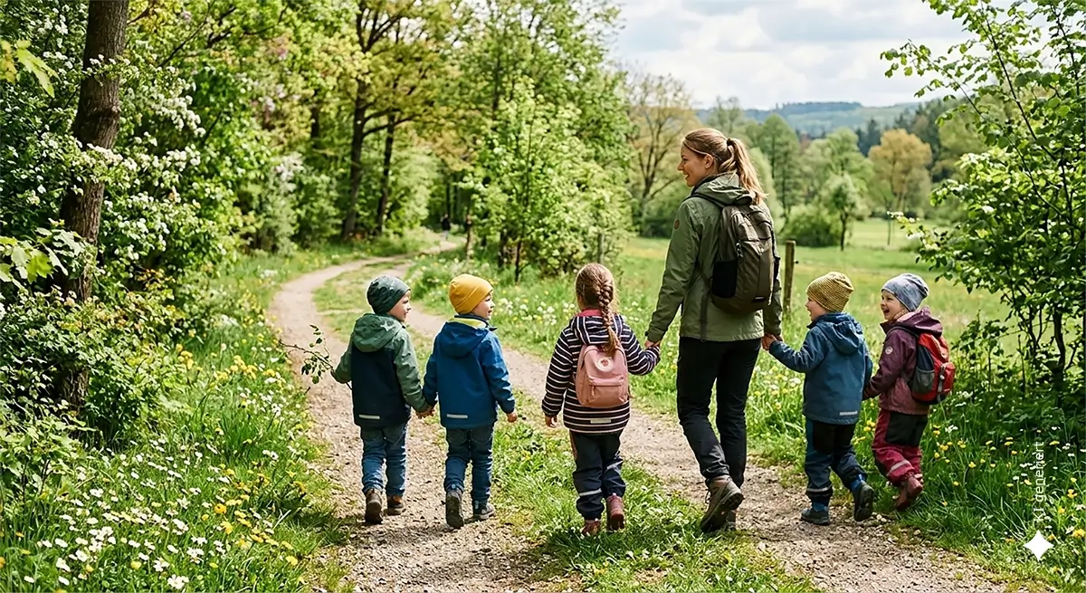 Erzieherin mit Kindern beim Ausflug