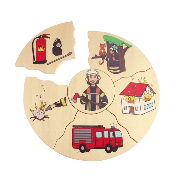 Branding nicht sichtbar, Feuerwehr-Puzzle, Holzpuzzle, Feuerwehrwagen, Feuerwache, Löschwerkzeug, Flammen, Hausbrand, Werkzeug
