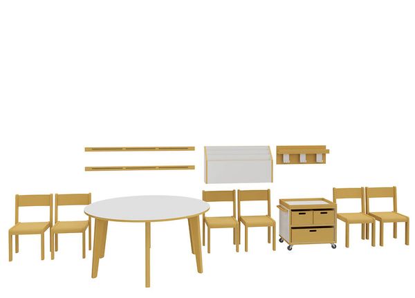Kindertischset, Holztisch, Holzstühle, Kinderregal, Aufbewahrungsmöbel