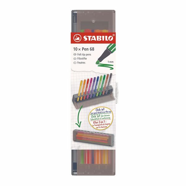 STABILO Premium Filzstift Pen68 im 10er Click-Set, zum aufstellen, 10 Farben