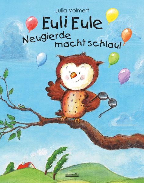 Kinderbuch, Eule, Ballons, blauer Himmel, Ast