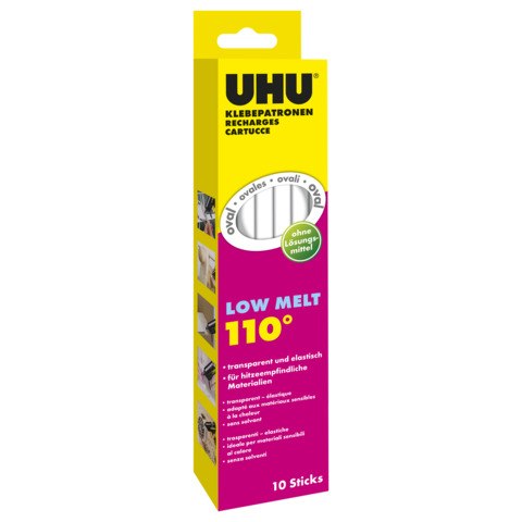 UHU Klebesticks, transparent, 10 Stück, Ø 11mm, oval, Low Melt 110 Grad