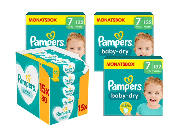 Pampers Baby Dry Gr. 7 Extra Large (15+ kg), 3 Kartons (396 Windeln) + Pampers Feuchttücher Sensitive, 15 Packungen (1.200 Tücher)